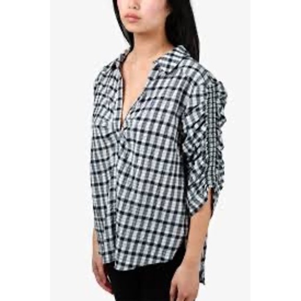 Veronica Beard Jeans Black White Gingham Ruched Sleeve Button Down Shirt J2102SR